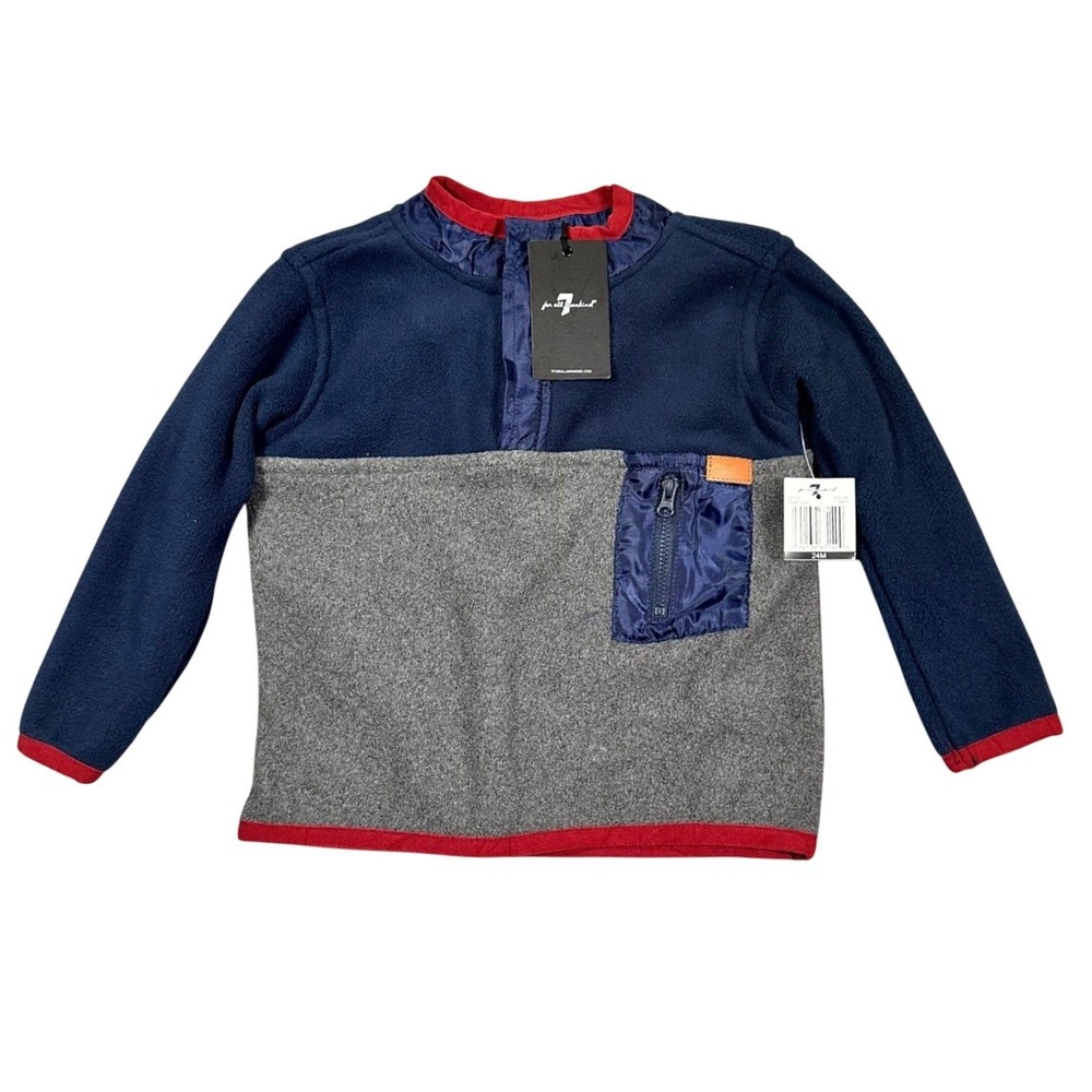 7 For All Mankind Toddler Fleece Pullover 24M Navy Gray Red NWT Snap Zip Pocket